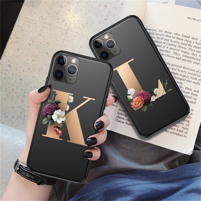 Lovebay Customized Initial Letter Phone Case For iPhone 11 Pro X XR XS Max 8 7 6 6s Plus Flowers Black Silicone Soft Back Cover